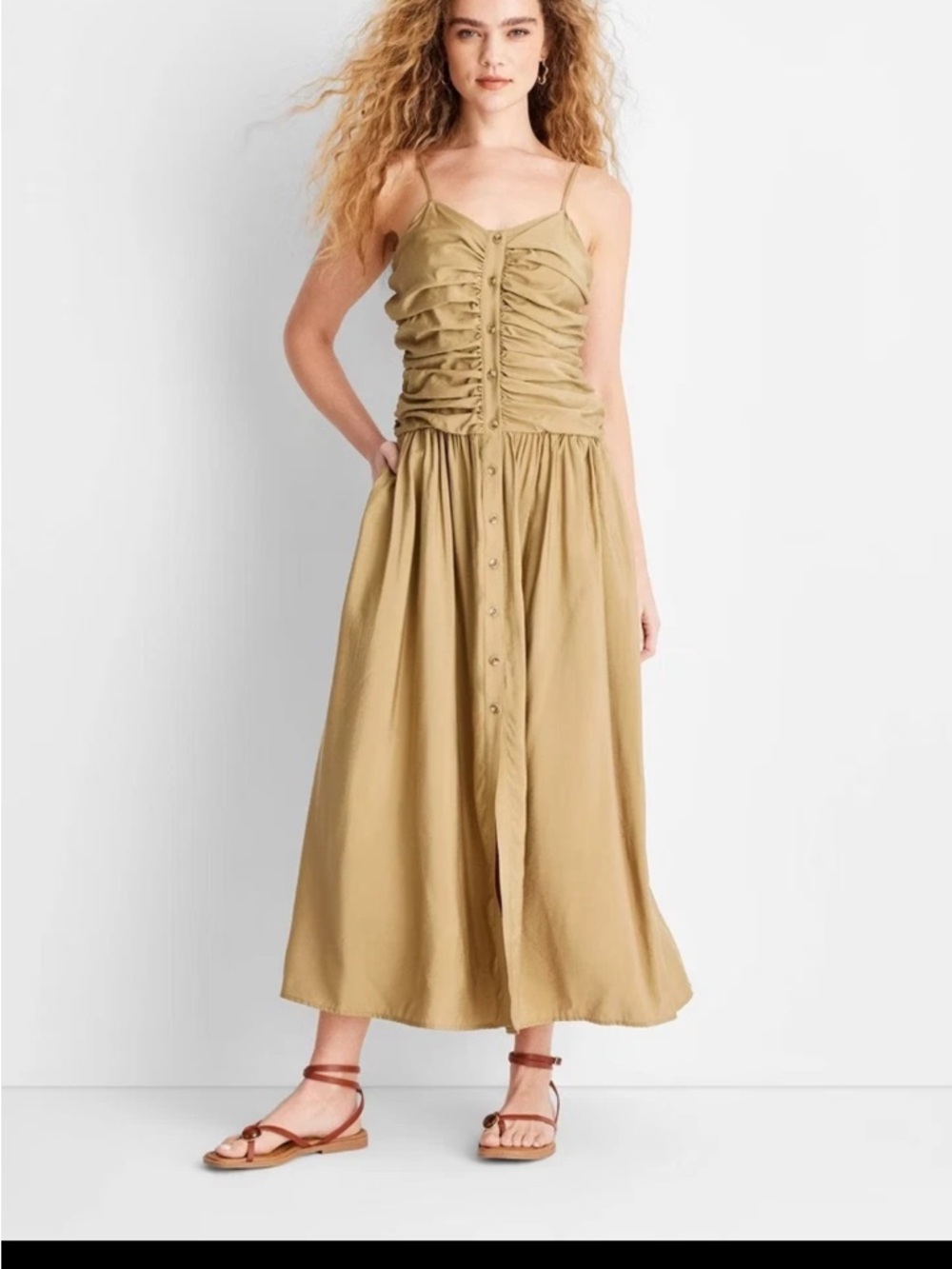 NEW Ruched Button-Front Spaghetti Midi Dress in Tan